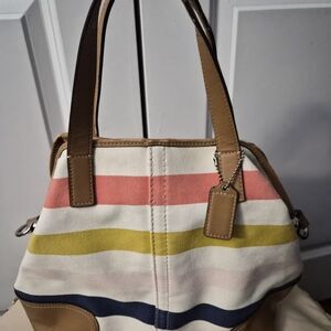 Striped Canvas Tote Bag with Tan Leather Trim